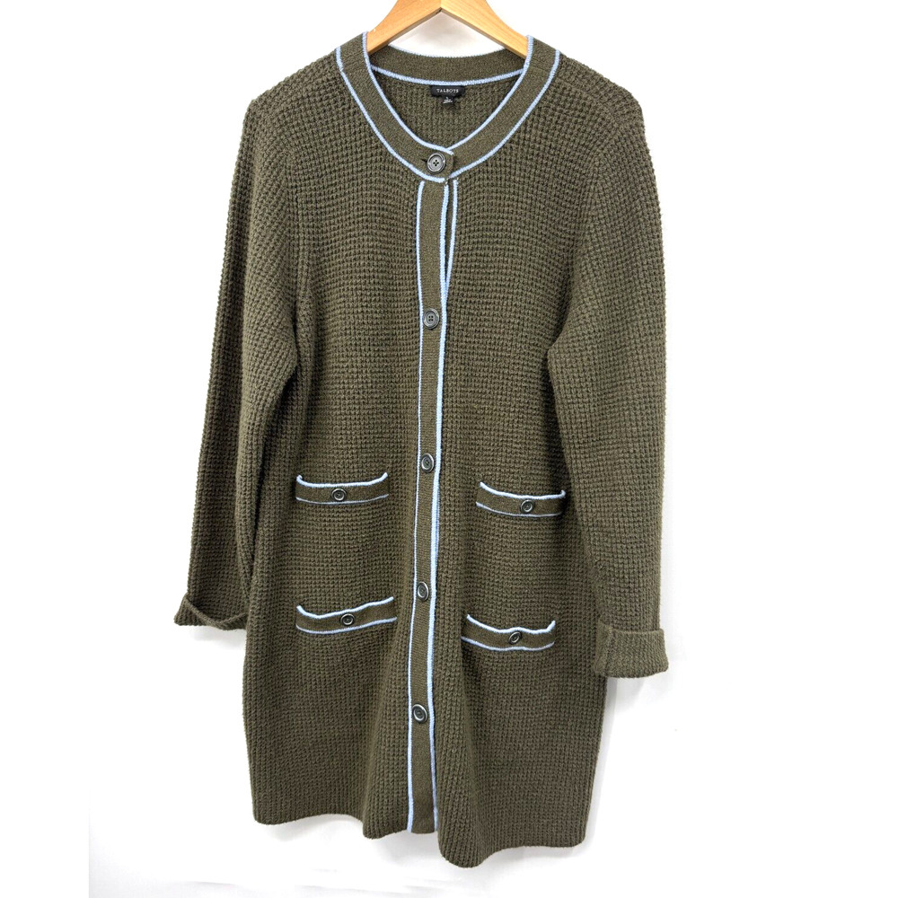 Talbots Cardigan Womens Tipped Textured Pockets Button Down Sweater Green Blue L